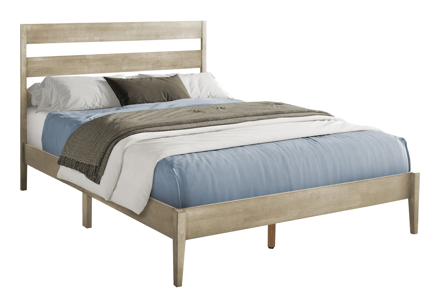 Lit plateforme contemporain – Cadre en bois massif gris avec tête de lit à lattes