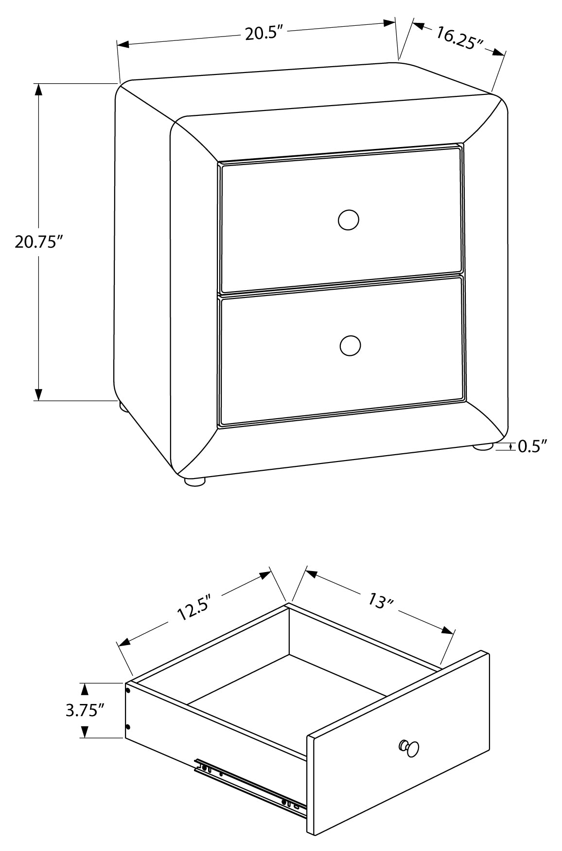 Table de chevet rembourrée avec deux tiroirs – Velours gris pâle