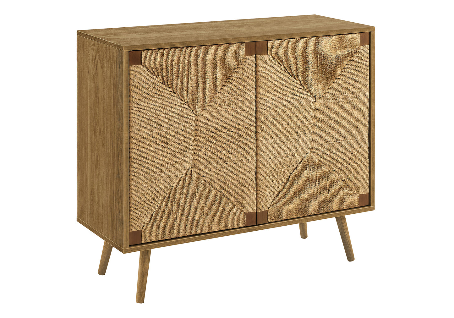 Commode d'appoint 2 portes - Noyer Clair et Jonc de mer - Style Mid-Century
