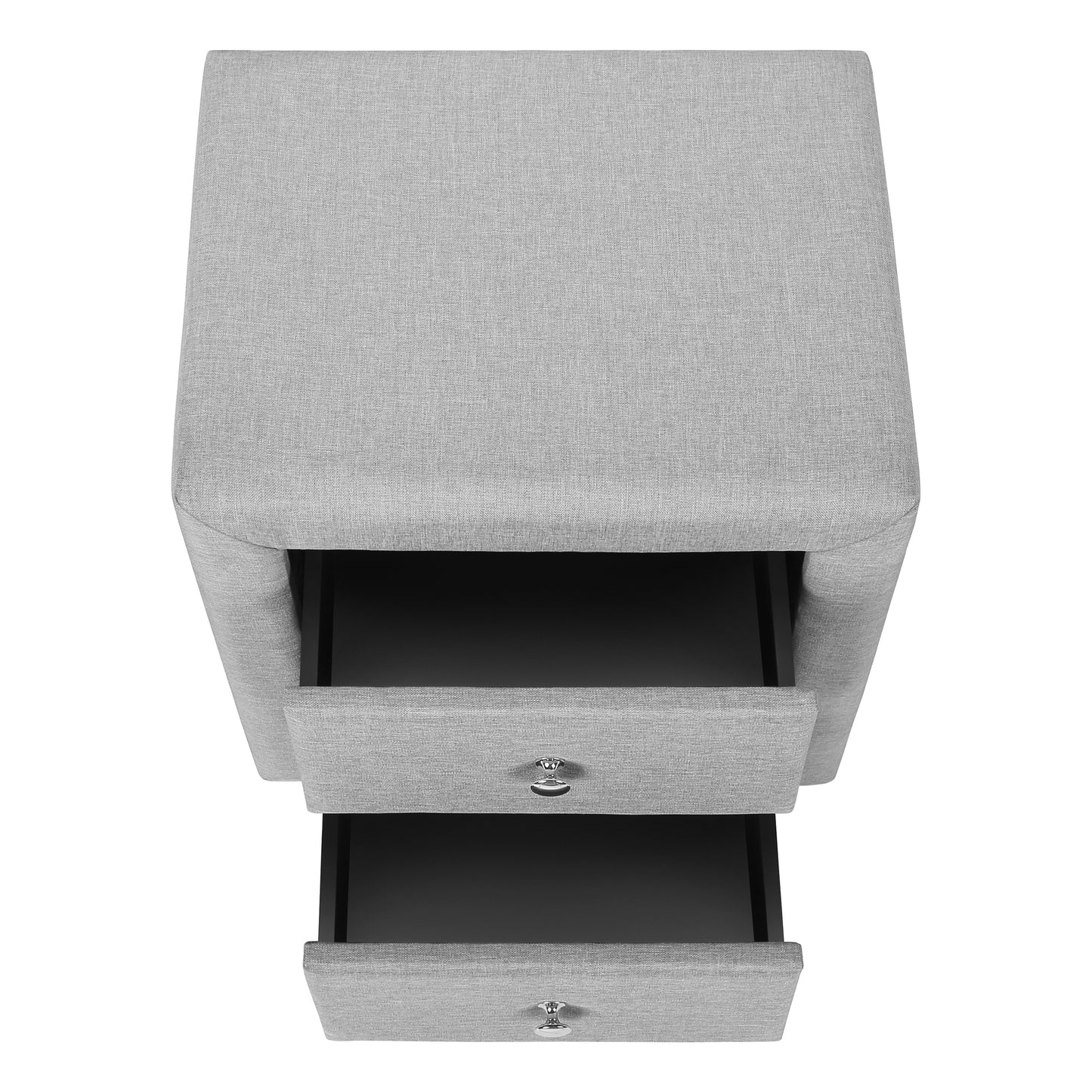 Table de chevet rembourrée avec deux tiroirs – Faux lin gris