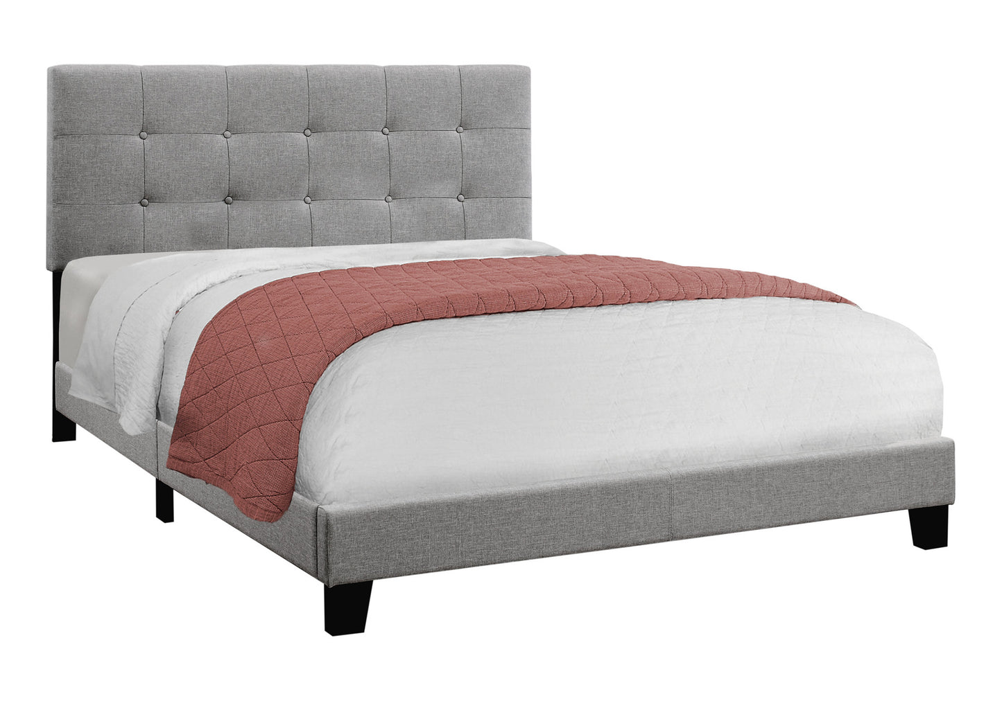 Lit Queen (Grand) Rembourré - Style Transitionnel en Tissu Aspect Lin Gris