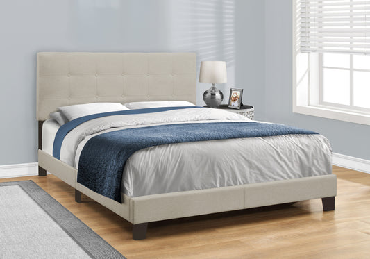 Lit Queen Rembourré Transitionnel - Aspect Lin Beige avec Pieds Bloc Noirs