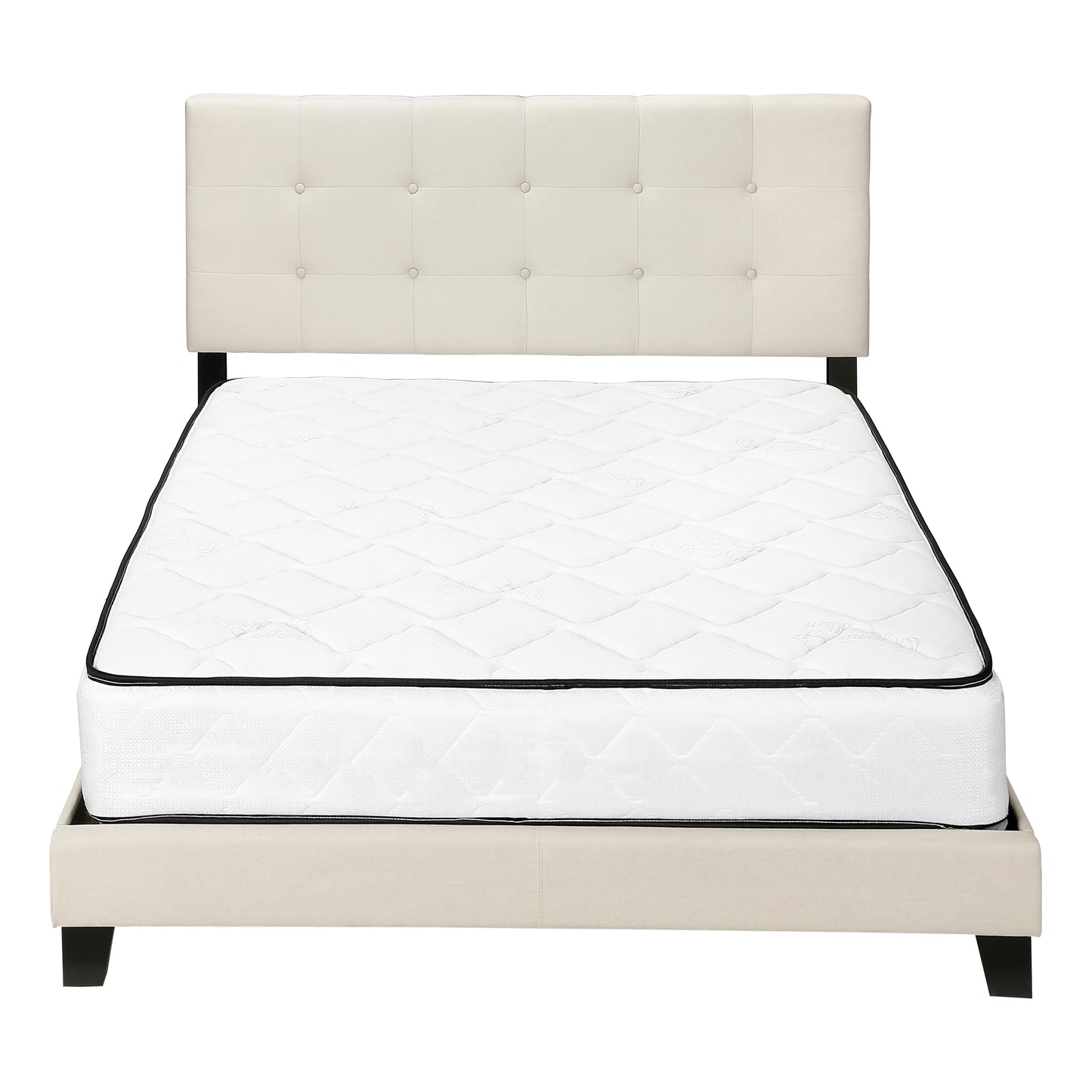 Lit Queen Rembourré Transitionnel - Aspect Lin Beige avec Pieds Bloc Noirs