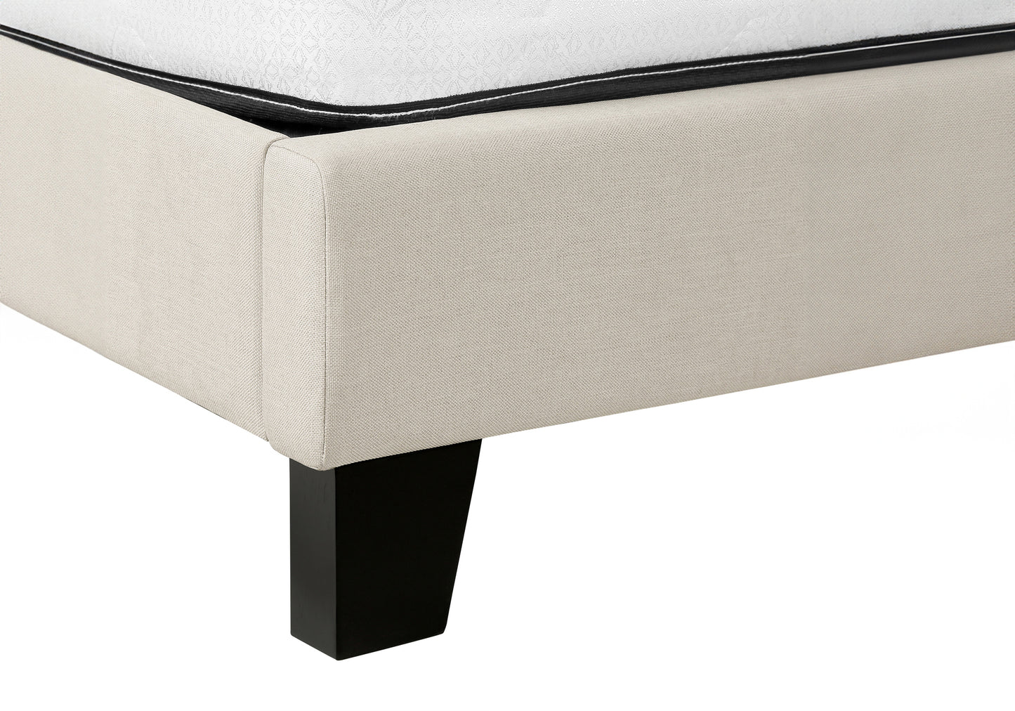Lit Queen Rembourré Transitionnel - Aspect Lin Beige avec Pieds Bloc Noirs