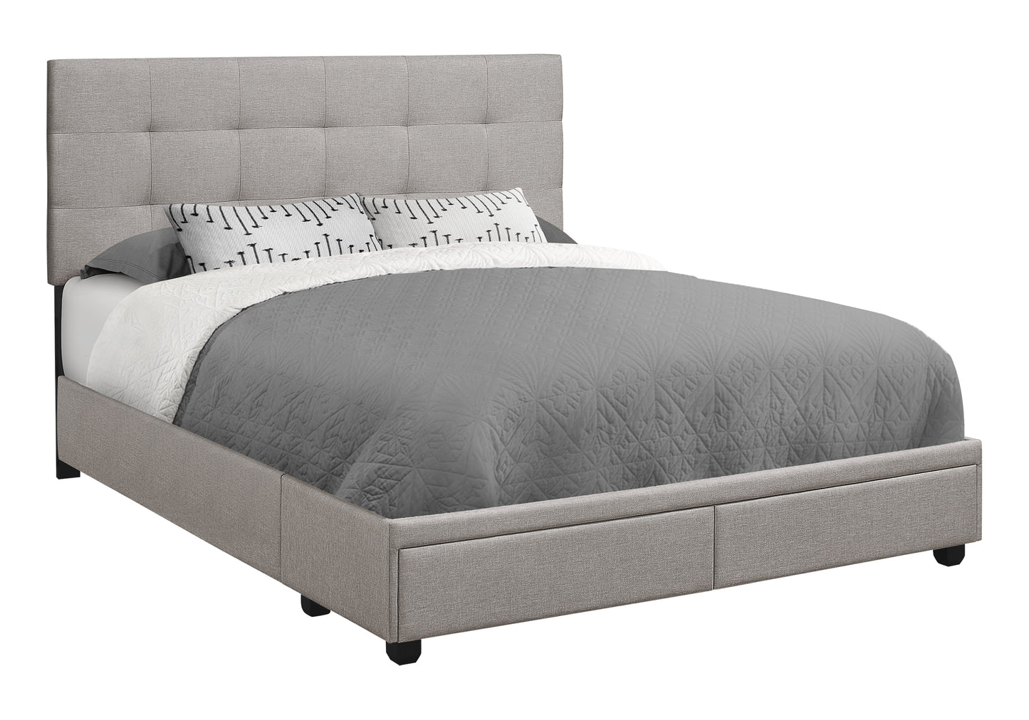 Grand lit plateforme rembourré avec 2 tiroirs de rangement – Aspect lin gris