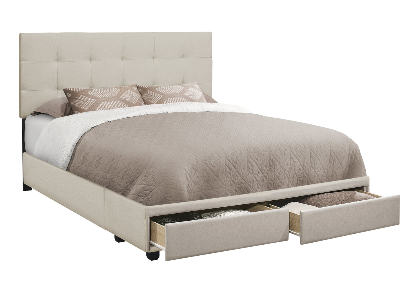 Grand lit plateforme rembourré avec 2 tiroirs de rangement – Aspect lin beige