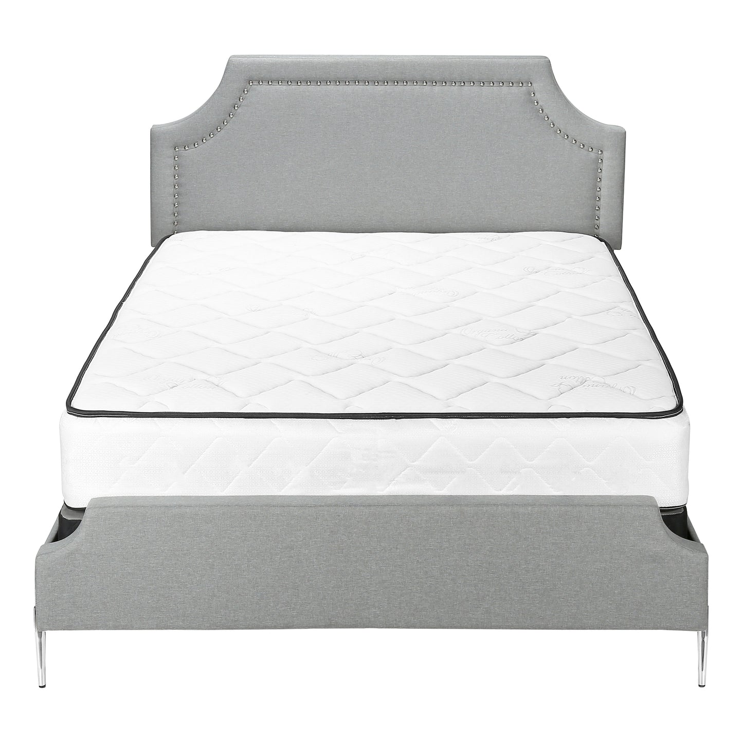 Grand lit plateforme contemporain – Aspect lin gris avec clous chromés