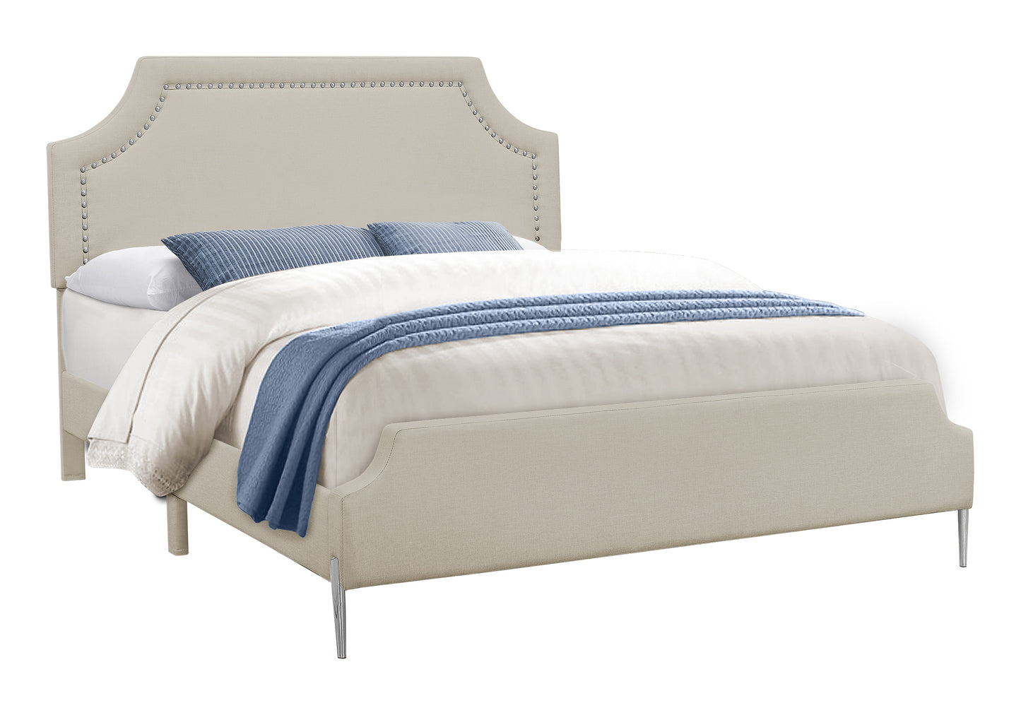 Grand lit plateforme contemporain – Aspect lin beige avec clous chromés