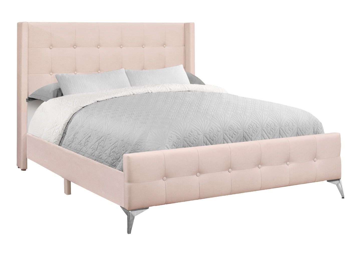 Grand lit plateforme contemporain – Velours rose avec pieds chromés