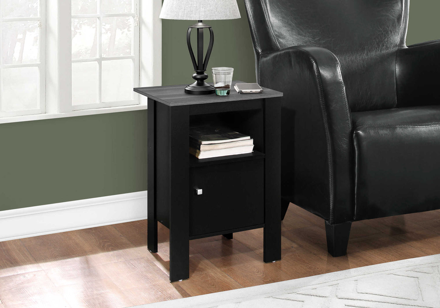 Table d'appoint transitionnelle avec rangement et fini noir/gris