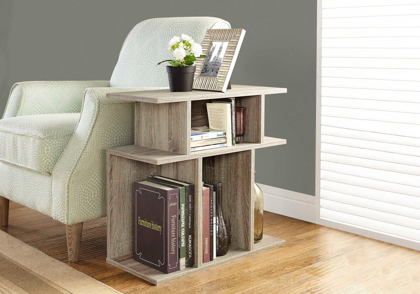 Table d'appoint contemporaine avec 6 étagères de rangement – Fini taupe foncé