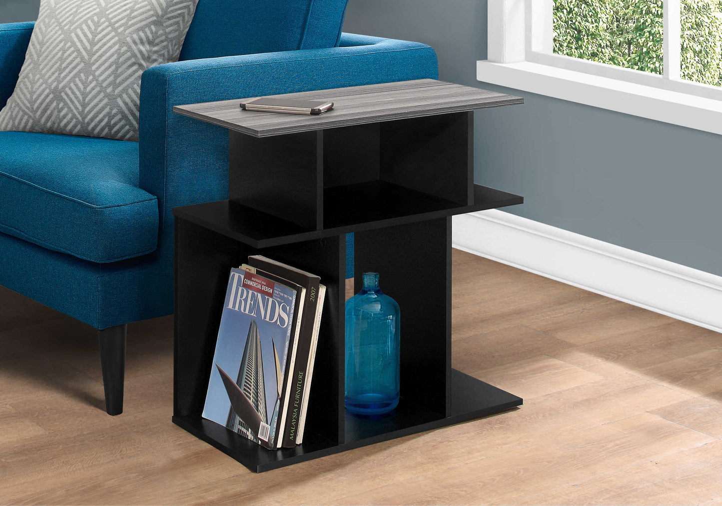 Table d'appoint contemporaine avec 6 étagères de rangement – Fini noir et gris