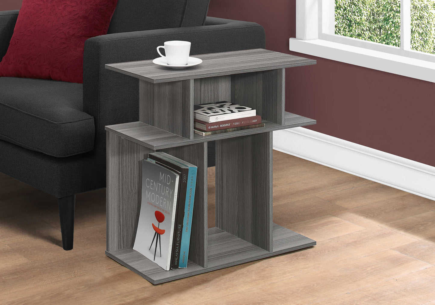 Table d'appoint contemporaine avec 6 étagères de rangement – Fini imitation bois gris