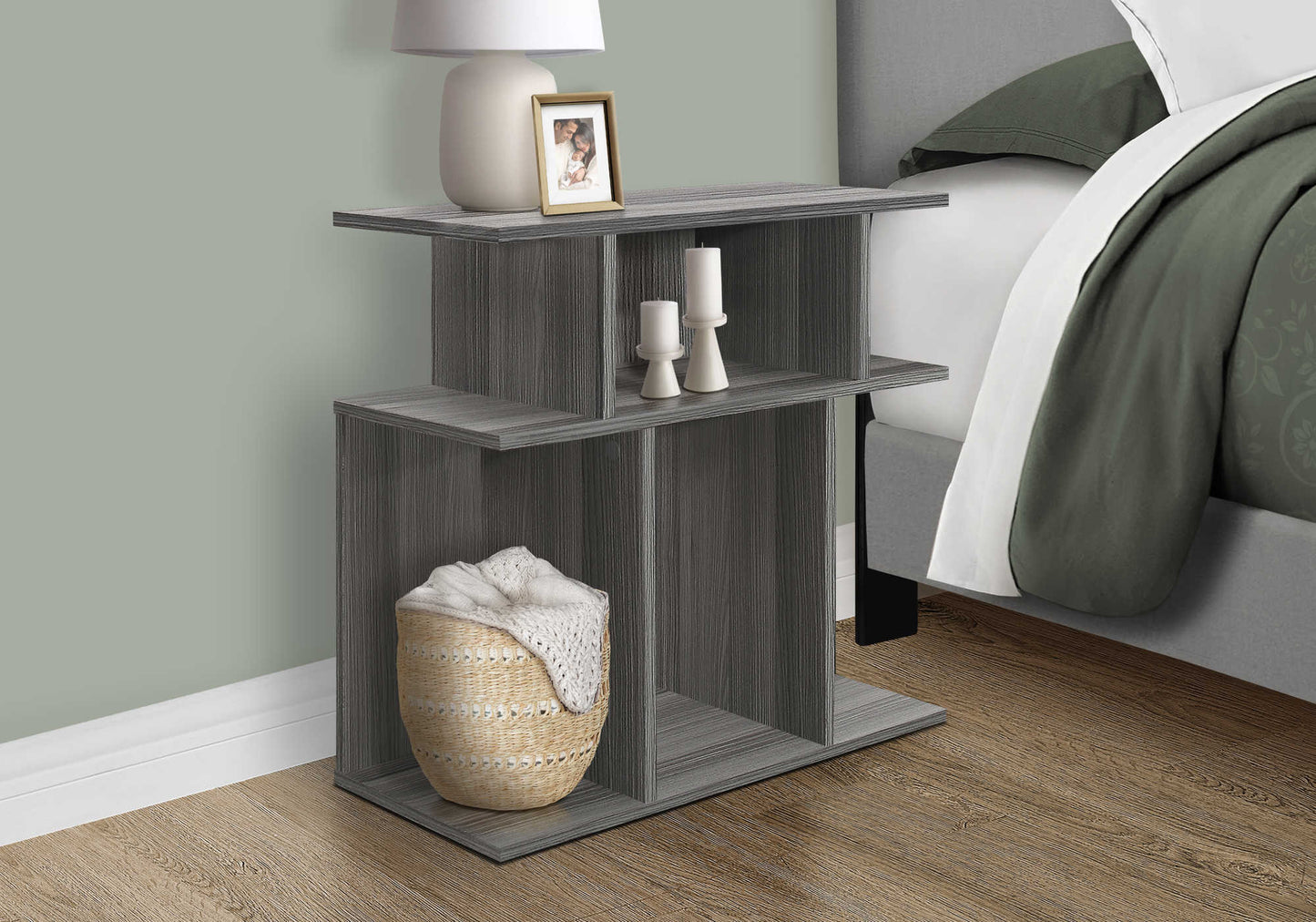 Table d'appoint contemporaine avec 6 étagères de rangement – Fini imitation bois gris