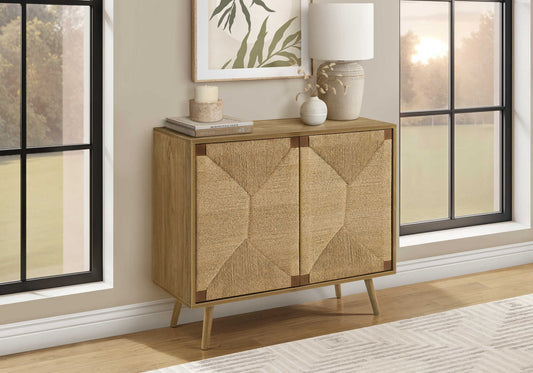 Commode d'appoint 2 portes - Noyer Clair et Jonc de mer - Style Mid-Century