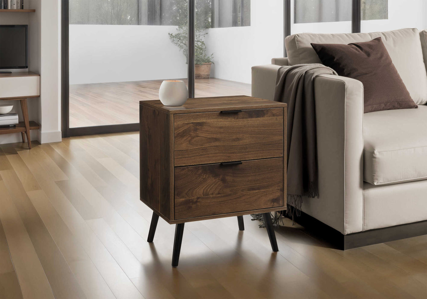 Table d'appoint contemporaine avec deux tiroirs et fini noyer