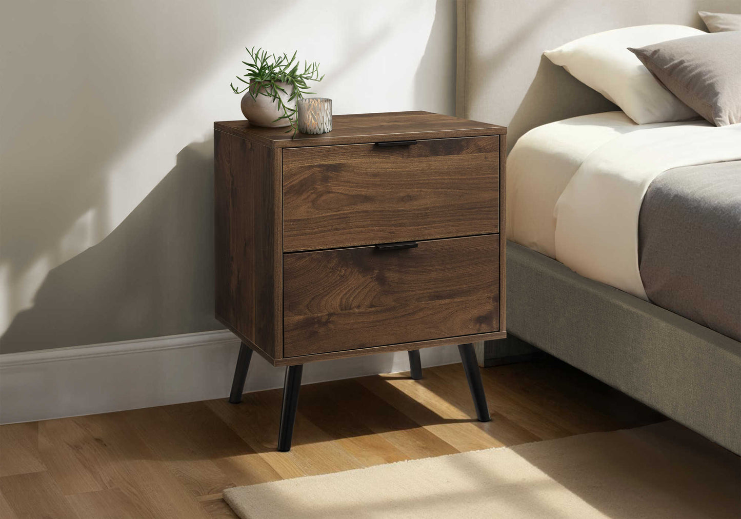 Table de chevet moderne avec deux tiroirs – Finition stratifié noyer