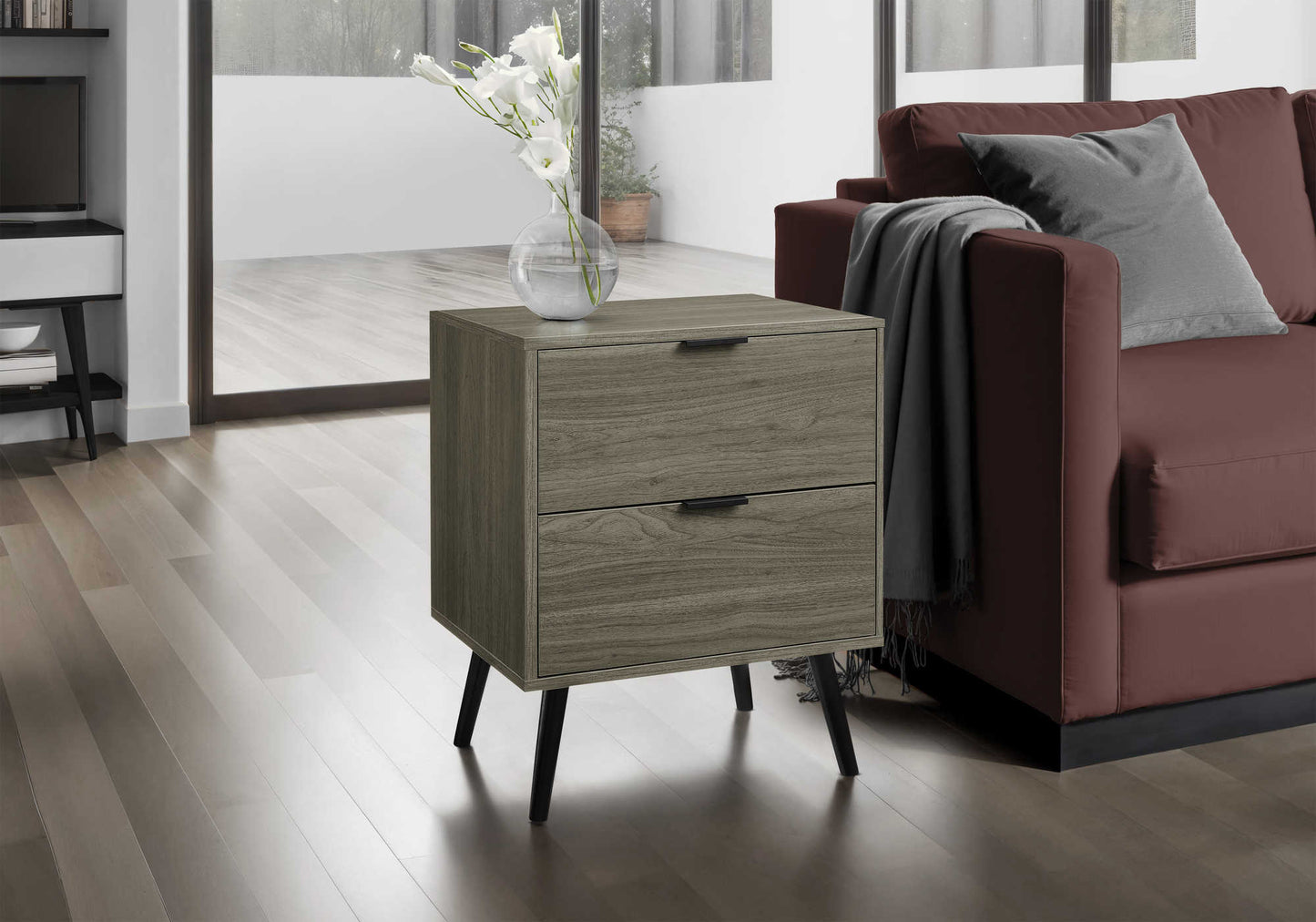 Table d'appoint contemporaine avec deux tiroirs et fini gris