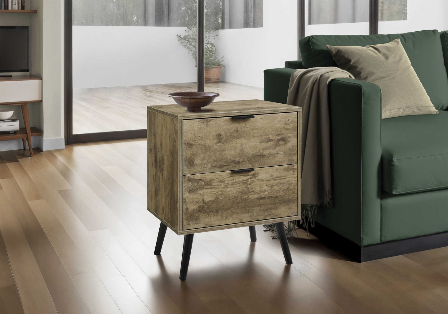 Table d'appoint contemporaine avec deux tiroirs et fini brun clair