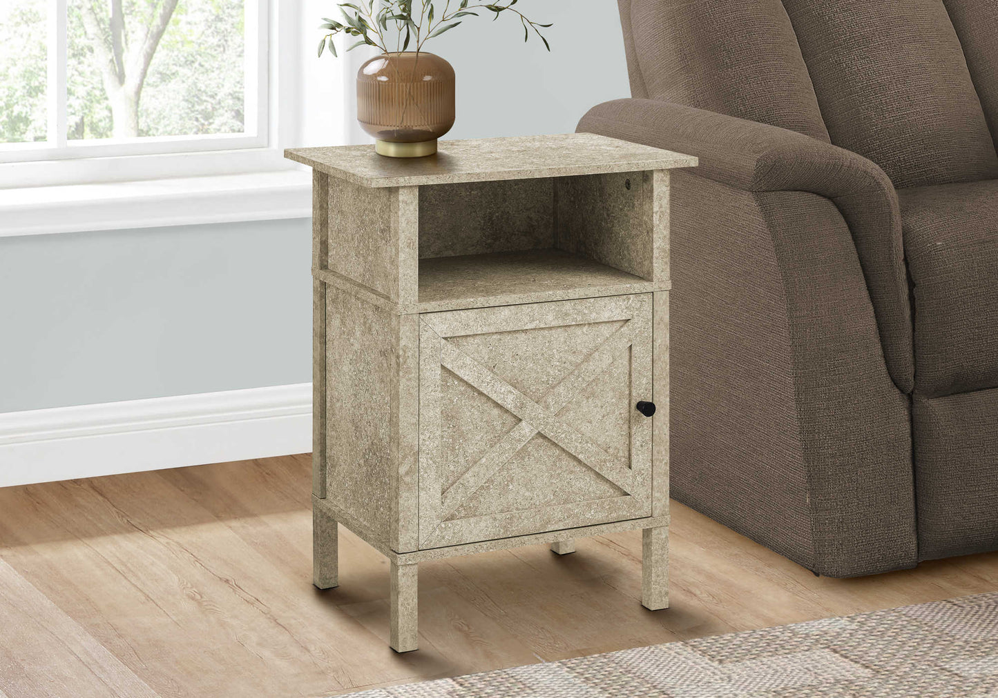 Table d'appoint transitionnelle avec rangement et fini pierre crème