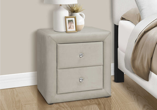 Table de chevet rembourrée avec deux tiroirs – Velours gris pâle
