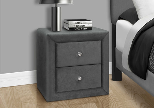 Table de chevet rembourrée avec deux tiroirs – Velours gris foncé