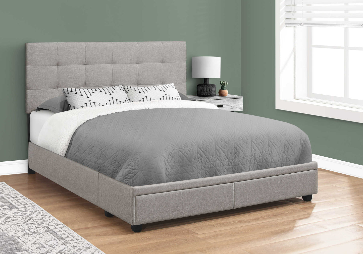 Grand lit plateforme rembourré avec 2 tiroirs de rangement – Aspect lin gris