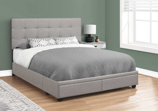 Grand lit plateforme rembourré avec 2 tiroirs de rangement – Aspect lin gris