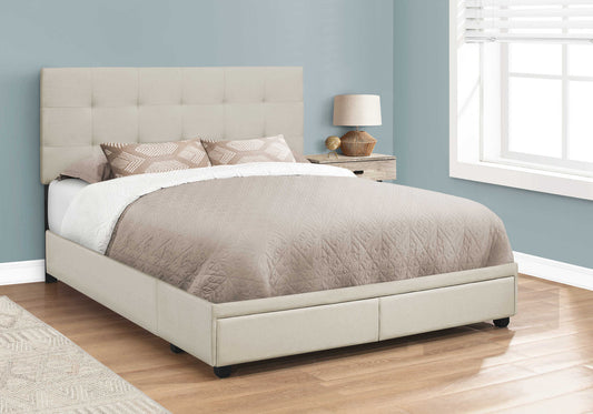 Grand lit plateforme rembourré avec 2 tiroirs de rangement – Aspect lin beige