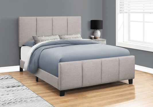 Grand lit plateforme rembourré avec capitonnage carré – Aspect lin gris