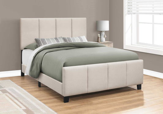 Grand lit plateforme rembourré avec capitonnage carré – Aspect lin beige