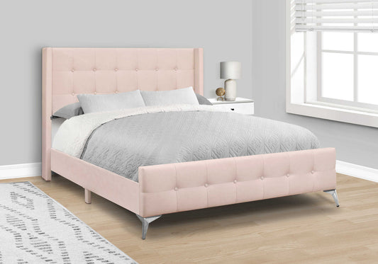 Grand lit plateforme contemporain – Velours rose avec pieds chromés