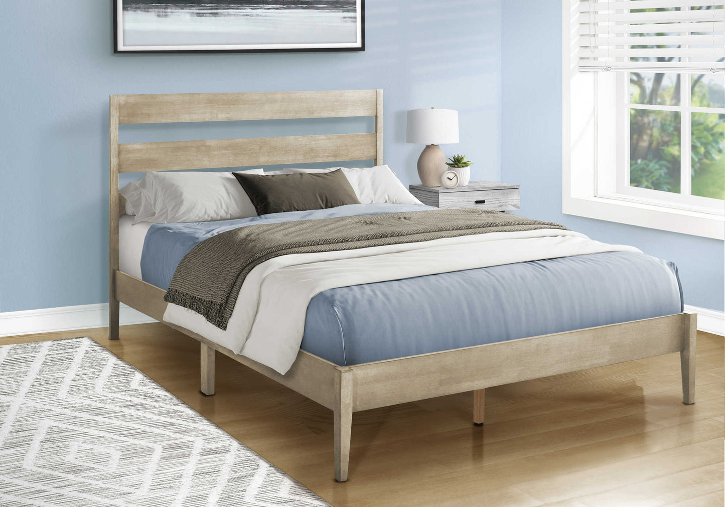 Lit plateforme contemporain – Cadre en bois massif gris avec tête de lit à lattes